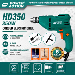 POWER ACTION HD350 350W Corded Electric Drill 6.5mm Variable Speed Electric Hand Drill | Home DIY Wood Metal Drilling Power Tool / Gerudi Elektrik