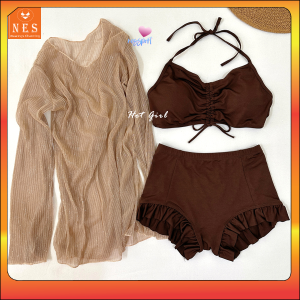 Đồ bơi nữ tay dài kín đáo trẻ trung Bikini đi biển 2 mảnh quần đùi Set bikini buộc dây có áo choàng NES QC002