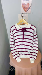 Atasan Rajut Wanita Motif Garis Elegan dengan Kerah Polo - Bahan Acrylic Nyaman