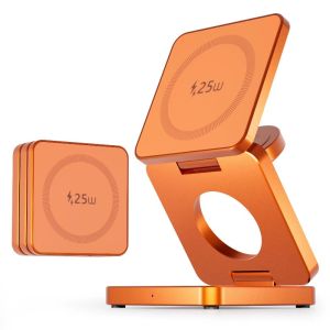 Qi2.2 25W Magnetic Wireless Charger Stand 3 in 1 Foldable Travel Charging Station (Titanium)| Watch | Airpods