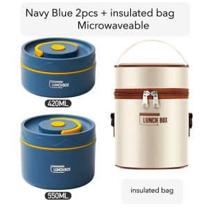 Stainless steel insulated lunch box. Microwaveable. Double layer with lid. Round. Food grade lunch box