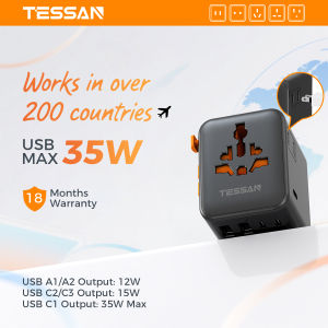 TESSAN Universal Travel Adaptor GaN 100W PD Fast Charging with Type C & USB A for Travelling Over 200 Countries UK / USA / EU / AUS