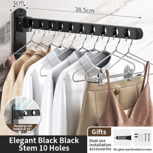 WINGS 10 Holes Folding Clothes Drying Rack Non Punching Retractable Wall Mount Hanger for Clothes Drying Hanger