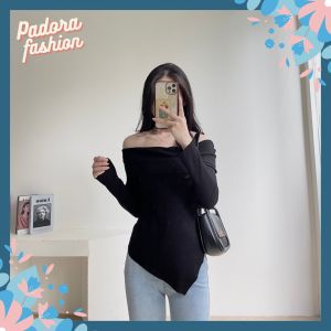Áo trễ vai dài tay vạt chéo thun tăm Áo nữ trễ vai bánh bèo phong cách hotgirl Hàn Quốc Padora-A535