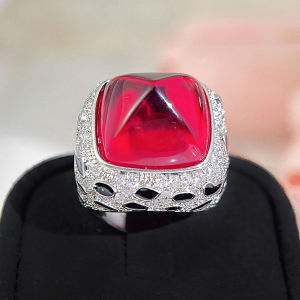 SEQUITO New Style Women Finger Jewelry Inlay Geometry Shape Cut Red Big Cubic Zircon Silver Plated European Lady Evening Party Crystal Adjustable Ring SR137