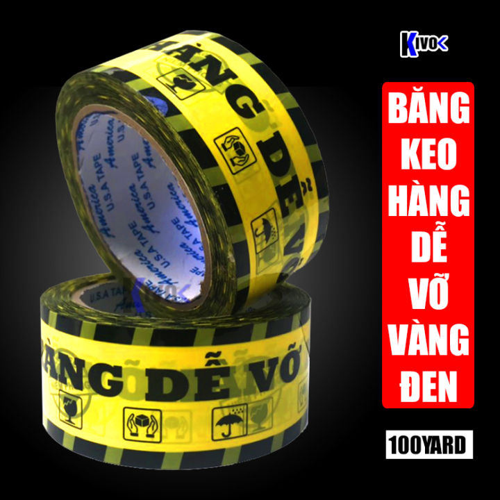 Băng Keo Hàng Dễ Vỡ In Chữ Màu Vàng Đen 100 Yard - Băng Dính In Chữ Hàng Dễ Vỡ, Băng Keo Dính Niêm Phong, Băng Keo Gói hàng, Đóng Hàng, Quấn Hàng, Giao Hàng Chuyên Dụng - Kivo