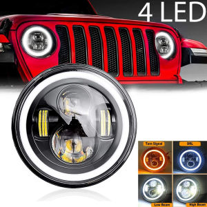 HOL Car Headlight 7 Inch H4 LED Car Light DRL Angle Eyes Ring Halo 12V 24V Hi/Lo Turn Signal for JEEP Wrangler JK TJ LJ CJ7 Lada Niva Offroad Beetle
