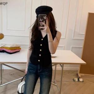 [WQP Fashion Store] Hot Sale Jewerry French Retro Solid Color V-neck Single-breasted Sleeveless Knitted Vest For Women