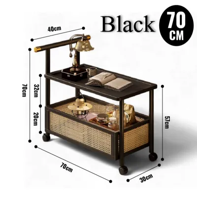 Rattan Mobile Trolley Rak Troli Beroda Bertingkat Storage Table Coffee Table Tea Bedside Table Movable Trolley