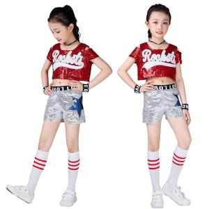 LOlanta 5Pcs Girls and Boys Cheering Sequin Uniforms Outfit Childrens Short Sleeve Crop Top & Skirt/ Shorts Set Street Dance  Jazz Costumes 3-12 Years