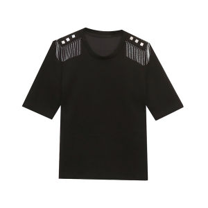 REHIN Womens top Summer new fashion heavy tassel round neck short-sleeved T-shirt All-match thin bottoming shirt elegant trend blouse