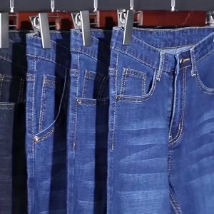 Spring Summer Autumn Mens Jeans Loose Straight Elastic Mid-Waist Long Pants Mens Clothing Menspants