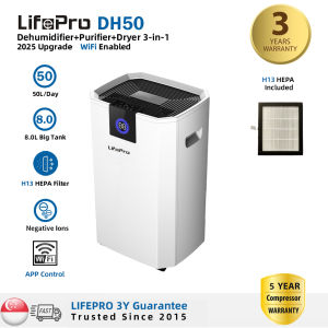 LifePro DH50 Dehumidifier & Air Purifier & Dryer 3-in-1 | 50L/Day | WiFi Control | 8L Tank | HEPA H13 Filter | Suitable for Living Room & Whole House | 3Y Warranty