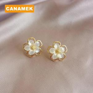 【CANAMEK】 Fashion Earrings Jewelry Korea Alloy Crystal Pearl Flower Stud Earrings For Women