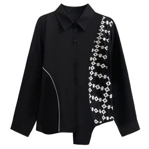 XITAO Casual Asymmetric Shirt Personality Print Patchwork Women Autumn  Trend Long Sleeve Top HQQ1465