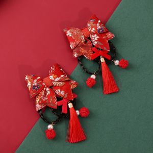 Kids Sweet Headdress Cloth Female New Year Festive Chinese Style Bow Hairpin Side Clip Hair Accessories Wig Braid Hairpin