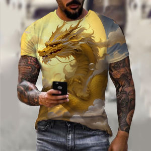 Mens T-Shirts Fashion Chinese Gold Dragon 3d Printed T Shirt Animal Pattern Short-Sleeved Streetwear Summer Casual Mens Tops