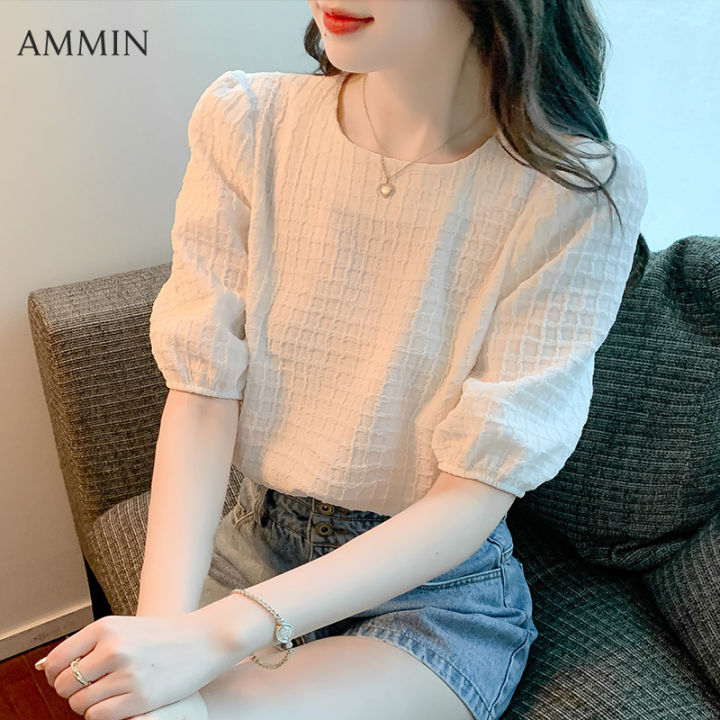 AMMIN 2023 summer new retro puff sleeve design round neck elegant blouse women's  korean style fashion plaid sweet short sleeve loose chiffon shirt female  ins tops