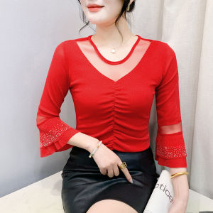 Yimei hợp thời trang mới áo khiêu vũ lưới phối cảnh nhăn nheo và gợi cảm với tay loe đính kim cương và tay áo bảy inch áo đỏ nữ thanh lịch