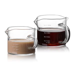 Alechaung แก้วตวงชงกาแฟ แก้วตวง แก้วชงกาแฟ พร้อมด้ามจับไม้ แก้วตวงสองปาก แก้วช็อต ถ้วยตวง 75ml 150ml แก้วชงน้ำขาย ที่ตีฟองนมสด Measuring Cup