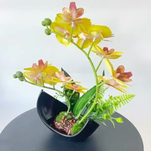 BHQ Artificial Butterfly Orchid Flower with Crescent Pot 12 Heads Phalaenopsis Bonsai Home Office Table Decor