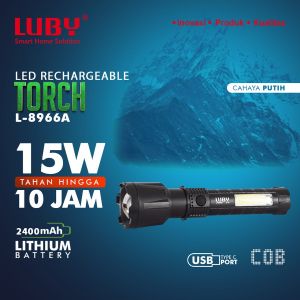 LUBY Senter Tangan Cas LED ZOOM 15W 15 Watt + Emergency COB L-8966A / L 8966 A Cahaya Putih 2400mAh Tahan 10 Jam - LED Torch Rechargeable