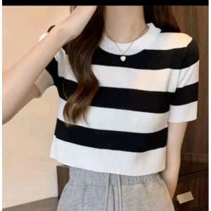 Ami Collection - Atasan Rajut Wanita / Atasan Wanita Motif Garis - Garis / Atasan Lengan Pendek / Atasan