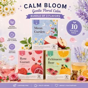 Calm Bloom Japan Fruity Herbal Tea Bundle 30 Tea Bags | Moon Garden Rose Garnet Echinacea Bear