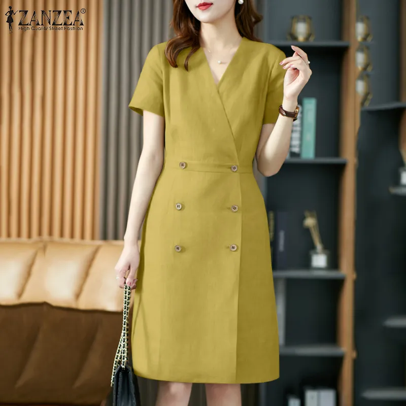 ZANZEA Korean Style Women s Dresses Causal Double Breasted V Neck OL Work A Line Shirt Dress 11 Lazada PH