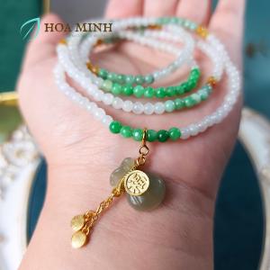 Vòng tay nữ chuỗi đá Cẩm Thạch Đa Bảo VIP size 3.8 li kiểu quấn 4 vòng phối charm túi tiền Ngọc Hoà Điền không kén mệnh | Hoa Minh Gem