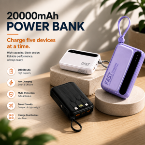 RII New R08 20000mah Portable Powerbank with 4 Cables Fast Charging with Built-in CABLE for USBiPhone Type and Micro Cable