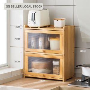 Kitchen Bamboo Cabinet Flip Door Transparent Storage Counter Dining Household Cupboard