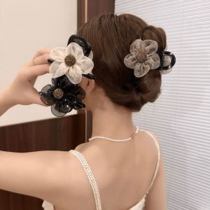 PaulWeekend Elegant Mesh Flower Hair Clips for Women Handmade Daisy Design with Rhinestones Natural Style Half-Up Hair Accessories
