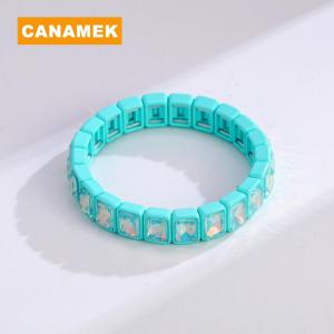 【CANAMEK】 Elastic Rainbow Beaded Bracelet for Women Colorful Crystal Enamel Bangle Geometric Handmade Jewelry for Daily Casual Use