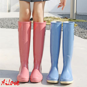 รองเท้าบูทกันฝนทรงสูงสำหรับผู้หญิง สูง42ซม. กันลื่นทนต่อการสึกหรอ กันน้ำและกันสิ่งสกปรก นุ่มและเบา ซับในผ้าก๊อซ รองเท้ากลางแจ้งวันฝนตก