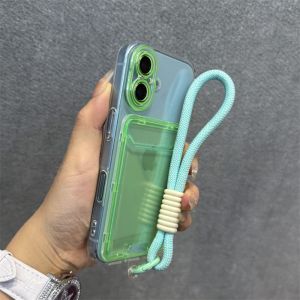 Card Holder Hand Wrist Strap Clear Case for iPhone 16 15 Pro Max 14 Plus 13 12 11 Wallet Lanyard Candy Double Color Soft Cover