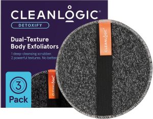 Cleanlogic Bath and Body Exfoliating Body Scrubber Dual-Texture Round Exfoliator Tool for Smooth Clean Skin Daily Skincare Routine 3 Count Value Pack