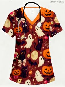 Halloween pumpkin ghost print V Collar Short Sleeve T T-shirt womens work clothes fun top