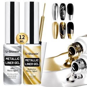 Metallic Mirror Painted Drawing GelSilver&Bronze Gold Metal Build in Thin Brush Chrome Gel Polish Nail Art Gel Liner UV/LED Soak Off Home DIY Nail Art Mani2x12ml