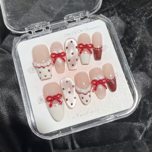 【HANDMADE+Free Glue】Press on Nails Polka Dot Bow French Phototherapy Fake Nail Patch Artificial Nail Reusable