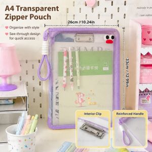 Dual-Side Visible A4 File Storage Bag Shatterproof Waterproof Zipper Folder with Built-in Board Clip