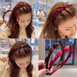 2 in 1 Korean Style Velvet Forehead Braided Headband Headband with Clip Headwear Vintage Fashion