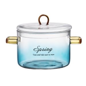 日式渐变云海泡面碗 - 北欧双耳带盖耐高温玻璃家用透明水果沙拉碗  Japanese Gradient Cloud Sea Noodle Bowl - Nordic Double-Eared with Lid High-Temperature Resistant Glass Home Use Transparent Fruit Salad Bowl