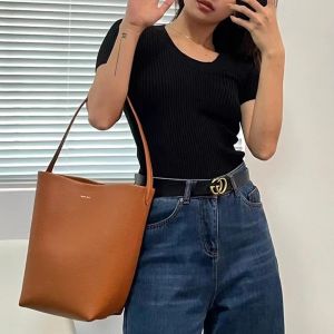 TheRow New Genuine Leather Bucket Bag Lychee Grain Tote Cowhide Large Capacity Shoulder Handbag Crossbody for Women