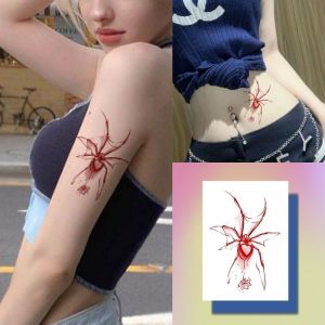 พร้อมส่งในไทยสติกเกอร์รอยสักชั่วคราว กันน้ํา ลายแมงมุม สีแดงเข้ม