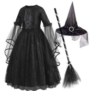 Girls Black Gothic Lace Long Dress Kids Long Sleeve Witch Vampire Costume for Halloween Cosplay Theme Party2026