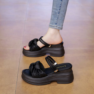 [Free Shipping] Thick-soled wedge two-way sandals for women summer 2025 new model high-heeled slippers for outdoor wear height-increasing soft-soled beach sandals