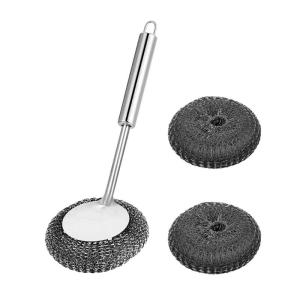 Cán dài bằng thép không gỉ Scrubber đặt đầu bàn chải thay thế để làm sạch hiệu quả các món ăn nồi chảo và vỉ nướng
