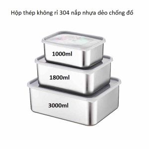Inox 304 Bộ 3 Hộp (3000+1800+1000ml)Giữ Tươi Thực Phẩm Loại dày Nắp dẻo kín Bảo Quản Thức Ăn Tủ Lạnh
