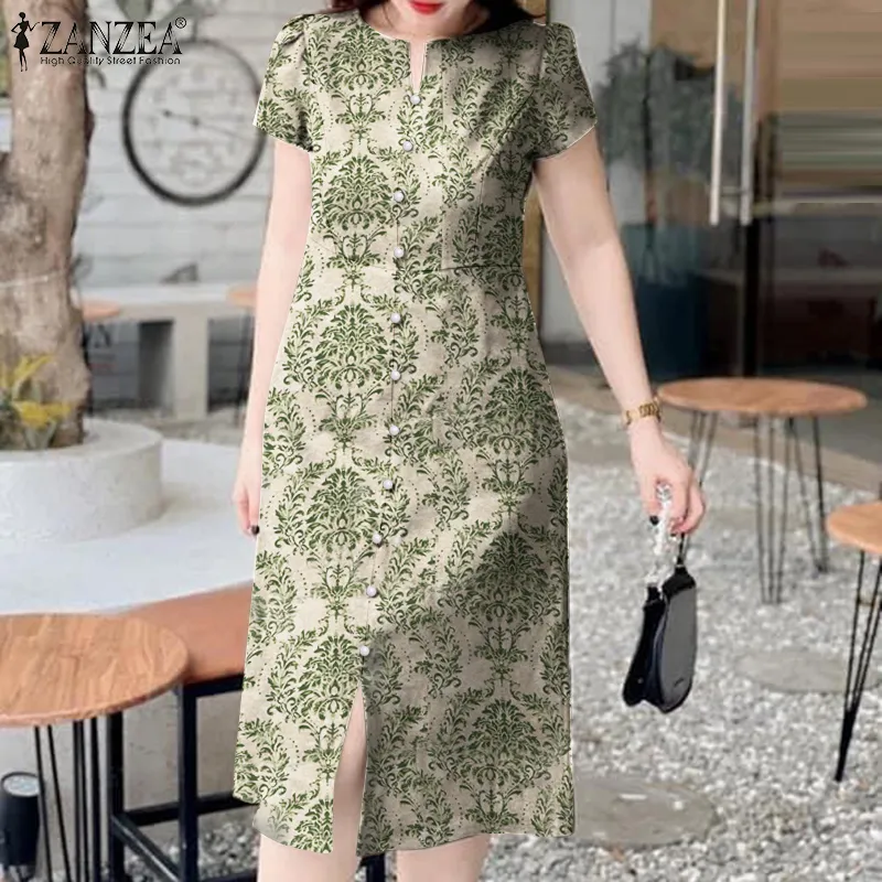 ZANZEA Women's Dresses Vintage Holiday Floral Short Sleeve O-Neck Casual Cotton Linen Loose Midi Dress #7 | Singapore - Foto 13